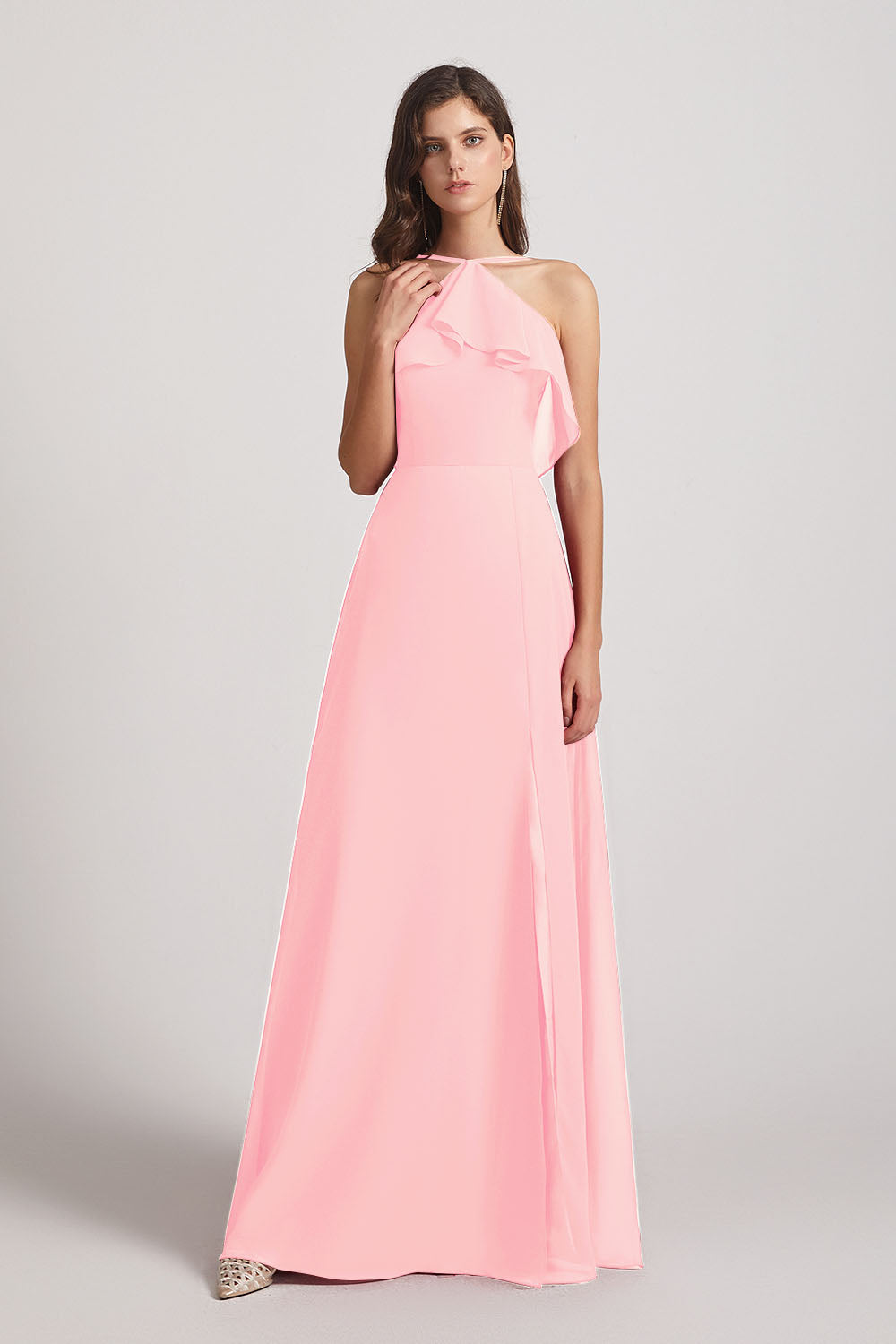 Alfa Bridal Pink Ruffled Neckline Halter A-Line Chiffon Bridesmaid Dresses (AF0022)