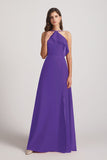 Alfa Bridal Purple Ruffled Neckline Halter A-Line Chiffon Bridesmaid Dresses (AF0022)