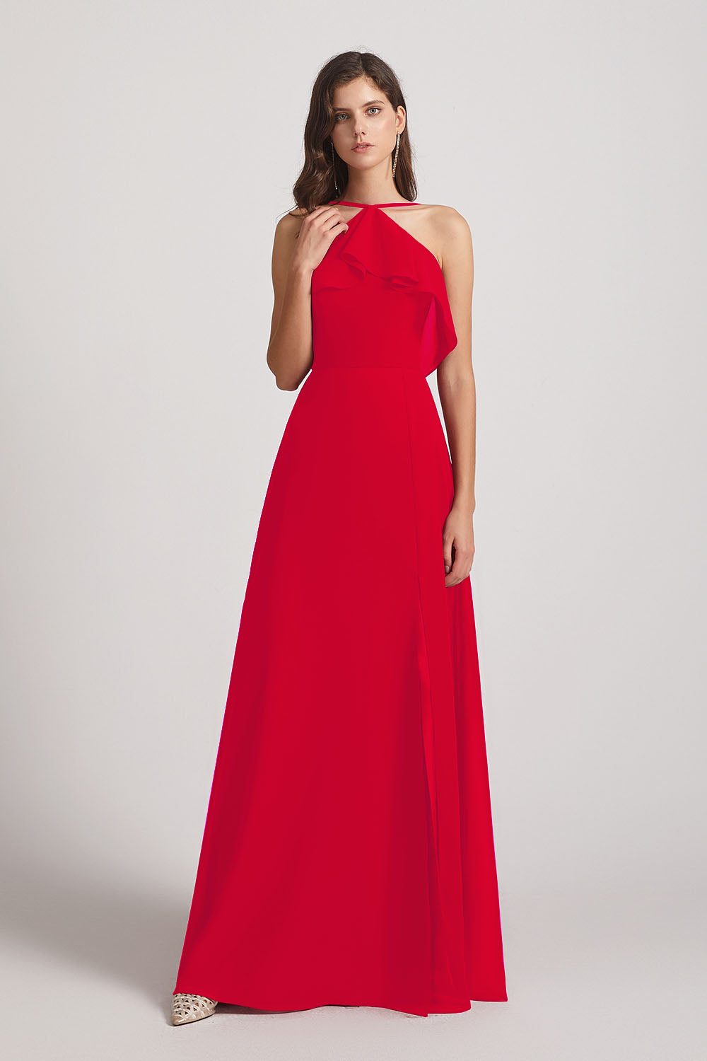 Alfa Bridal Red Ruffled Neckline Halter A-Line Chiffon Bridesmaid Dresses (AF0022)