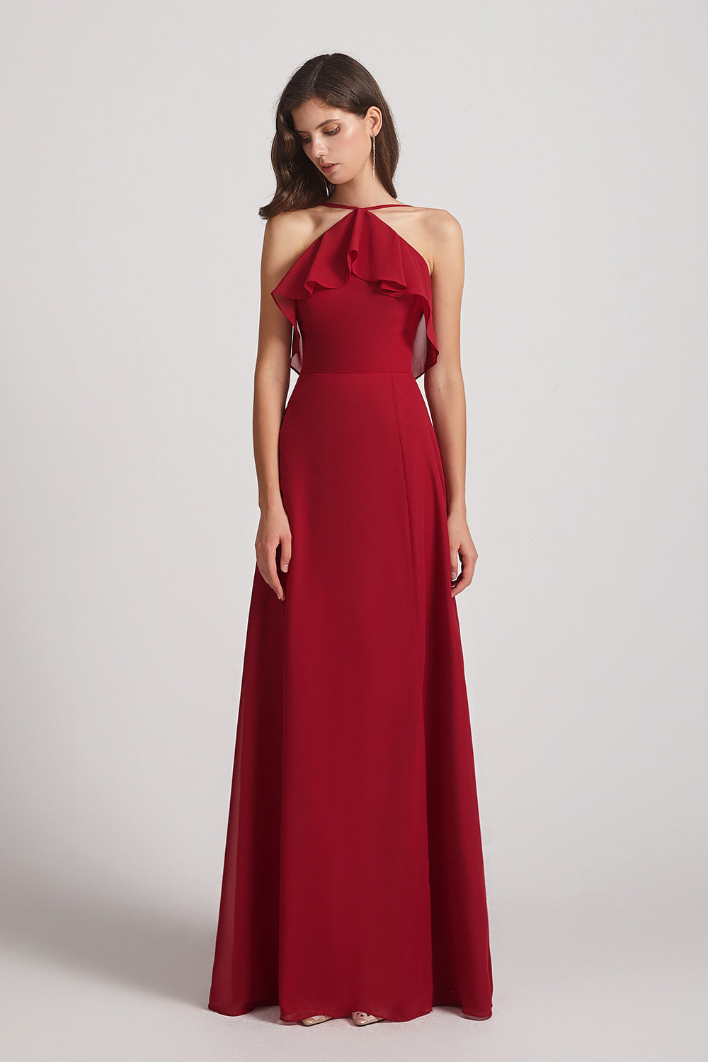Alfa Bridal Dark Red Ruffled Neckline Halter A-Line Chiffon Bridesmaid Dresses (AF0022)