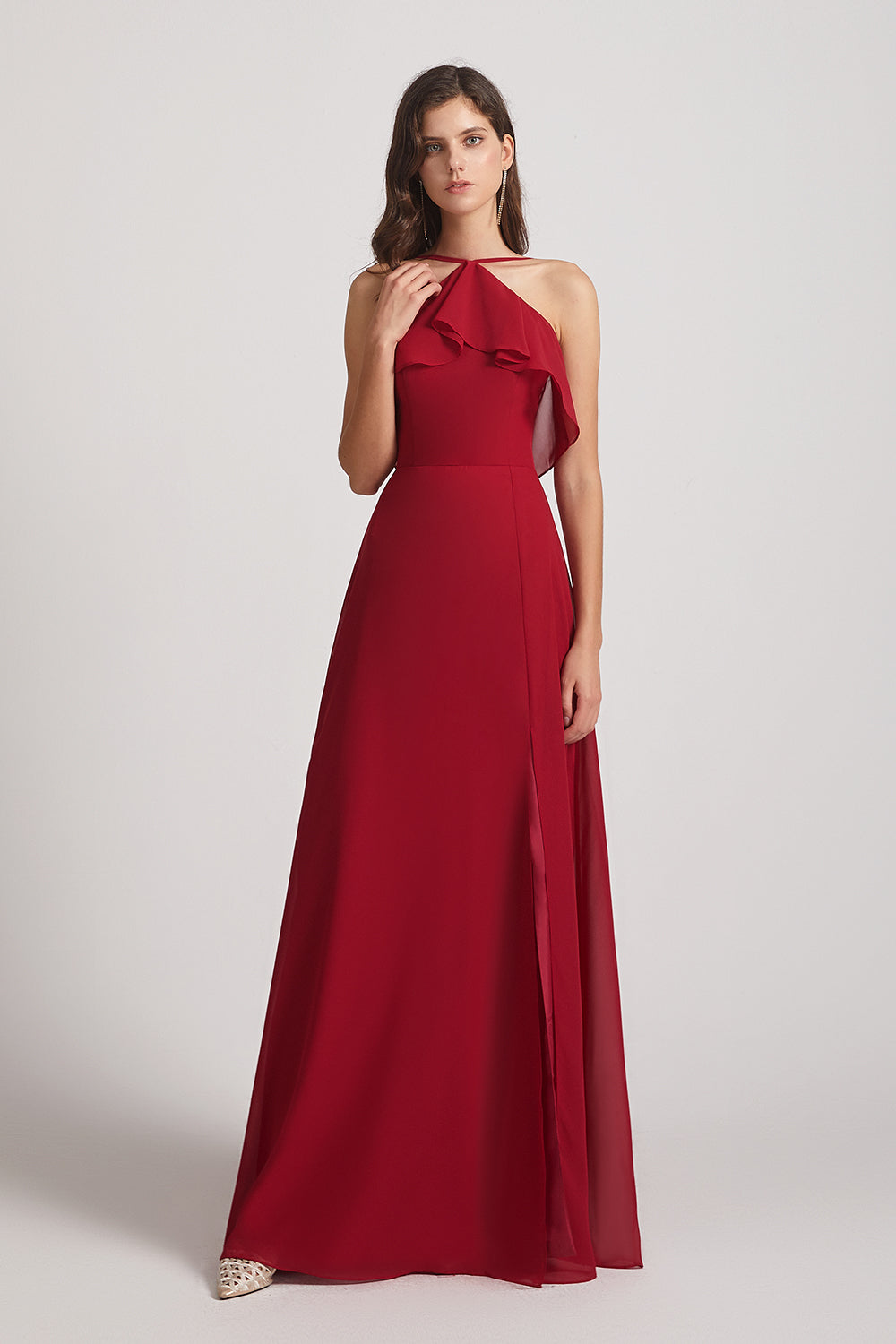 Alfa Bridal Dark Red Ruffled Neckline Halter A-Line Chiffon Bridesmaid Dresses (AF0022)
