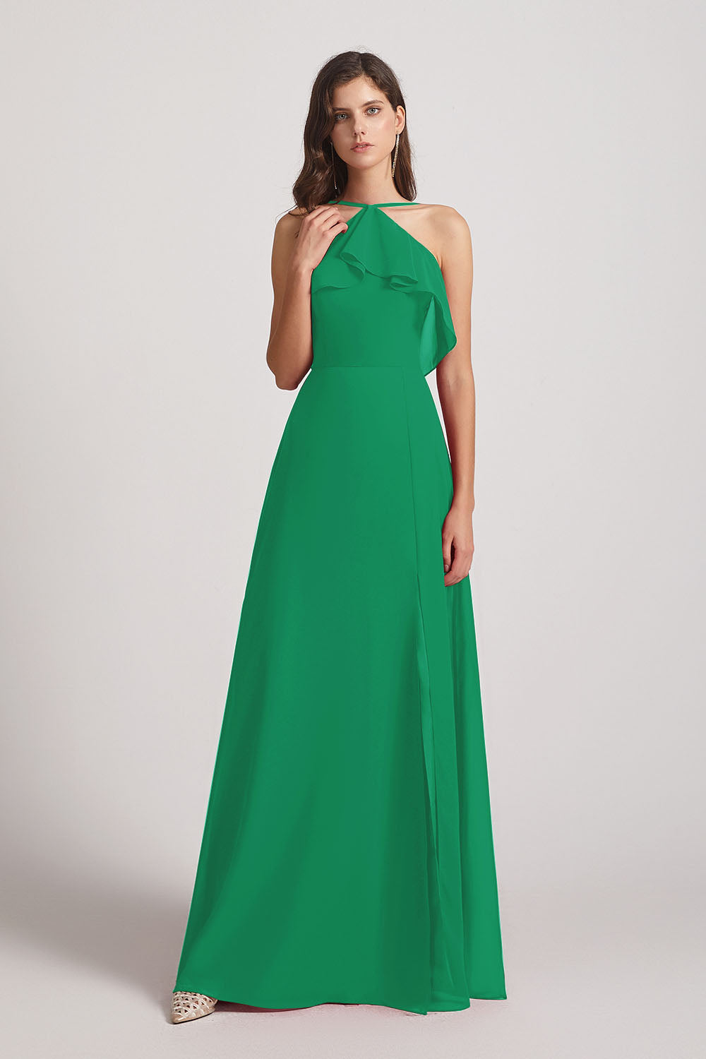 Alfa Bridal Shamrock Green Ruffled Neckline Halter A-Line Chiffon Bridesmaid Dresses (AF0022)