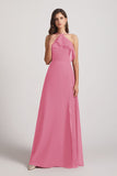 Alfa Bridal Skin Pink Ruffled Neckline Halter A-Line Chiffon Bridesmaid Dresses (AF0022)
