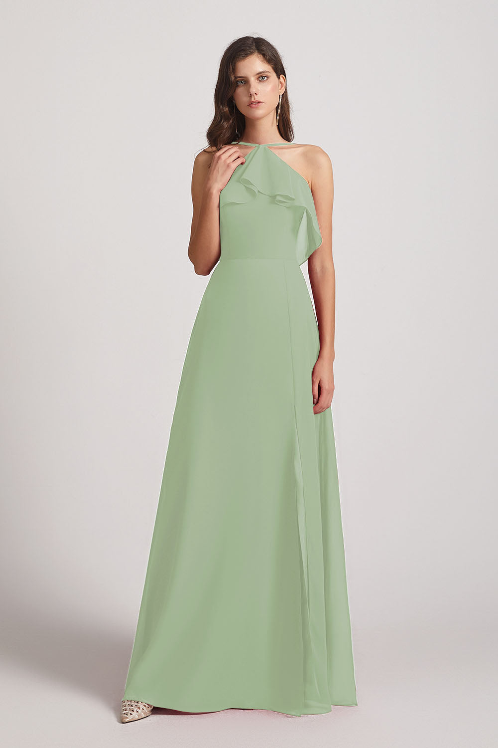 Alfa Bridal Smoke Green Ruffled Neckline Halter A-Line Chiffon Bridesmaid Dresses (AF0022)