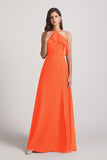 Alfa Bridal Tangerine Tango Ruffled Neckline Halter A-Line Chiffon Bridesmaid Dresses (AF0022)