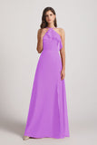 Alfa Bridal Violet Ruffled Neckline Halter A-Line Chiffon Bridesmaid Dresses (AF0022)