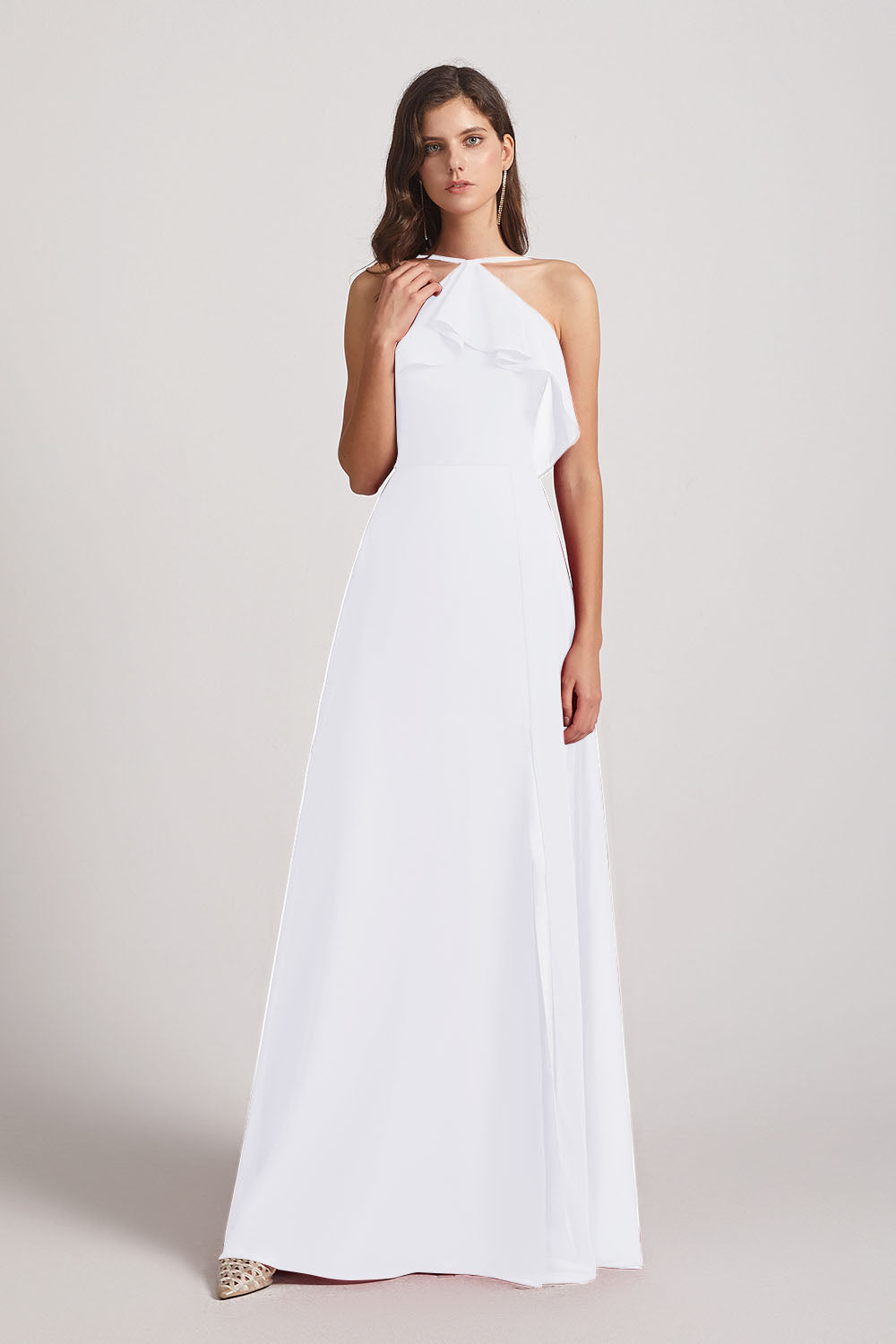 Alfa Bridal White Ruffled Neckline Halter A-Line Chiffon Bridesmaid Dresses (AF0022)