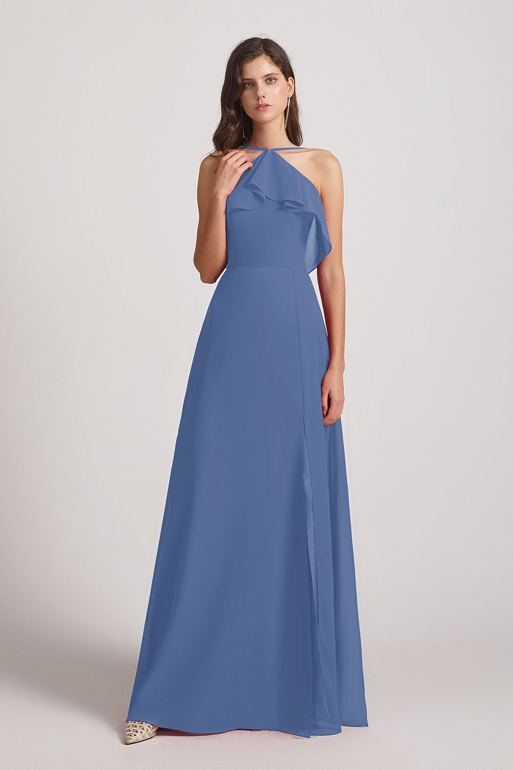 Alfa Bridal Windsor Blue Ruffled Neckline Halter A-Line Chiffon Bridesmaid Dresses (AF0022)