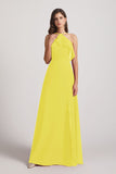 Alfa Bridal Yellow Ruffled Neckline Halter A-Line Chiffon Bridesmaid Dresses (AF0022)