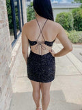 Black Sheath Halter Sleeveless Short Velvet Sequin Prom Dress (AF1029)