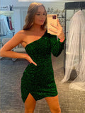 Dark Green Sheath One Shoulder Long Sleeves Short Velvet Sequin Prom Dress (AF1016)