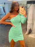 Green Blue 41 Sheath One Shoulder Long Sleeves Short Velvet Sequin Prom Dress (AF1016)