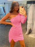 Pink 46 Sheath One Shoulder Long Sleeves Short Velvet Sequin Prom Dress (AF1016)