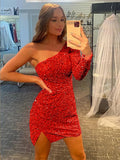 Red Sheath One Shoulder Long Sleeves Short Velvet Sequin Prom Dress (AF1016)