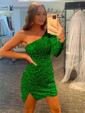 Shamrock Green Sheath One Shoulder Long Sleeves Short Velvet Sequin Prom Dress (AF1016)