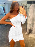 White Sheath One Shoulder Long Sleeves Short Velvet Sequin Prom Dress (AF1016)