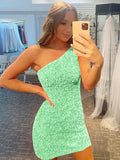 Green Blue 41 Sheath One Shoulder Sleeveless Short Velvet Sequin Prom Dress (AF1015)