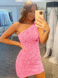 Pink 46 Sheath One Shoulder Sleeveless Short Velvet Sequin Prom Dress (AF1015)