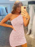 Pink Sheath One Shoulder Sleeveless Short Velvet Sequin Prom Dress (AF1015)