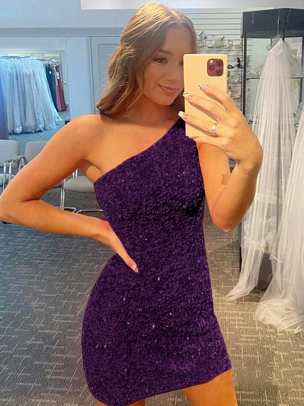Plum Purple Sheath One Shoulder Sleeveless Short Velvet Sequin Prom Dress (AF1015)