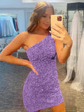 Purple Sheath One Shoulder Sleeveless Short Velvet Sequin Prom Dress (AF1015)