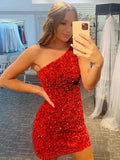 Red Sheath One Shoulder Sleeveless Short Velvet Sequin Prom Dress (AF1015)