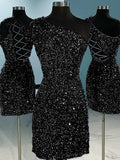 Black Sheath One Shoulder Sleeveless Short Velvet Sequin Prom Dress (AF1018)