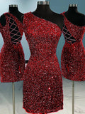 Burgundy Sheath One Shoulder Sleeveless Short Velvet Sequin Prom Dress (AF1018)