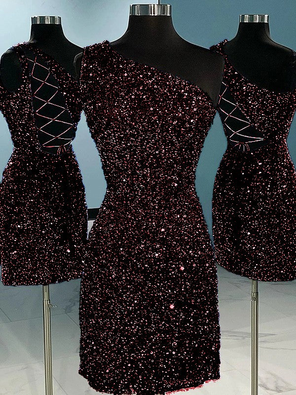 Burgundy Gold Sheath One Shoulder Sleeveless Short Velvet Sequin Prom Dress (AF1018)