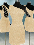 Champagne Sheath One Shoulder Sleeveless Short Velvet Sequin Prom Dress (AF1018)