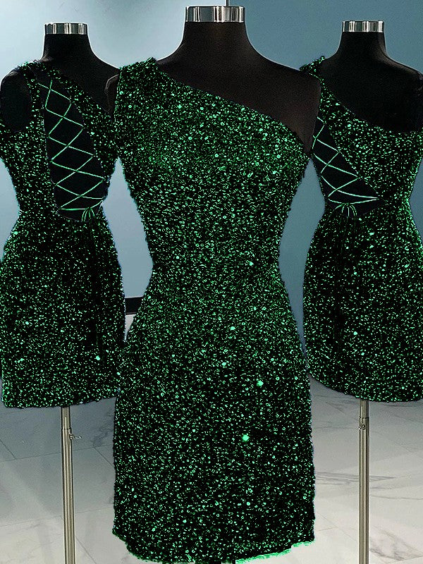 Dark Green Sheath One Shoulder Sleeveless Short Velvet Sequin Prom Dress (AF1018)