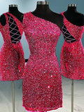 Fuchsia Sheath One Shoulder Sleeveless Short Velvet Sequin Prom Dress (AF1018)