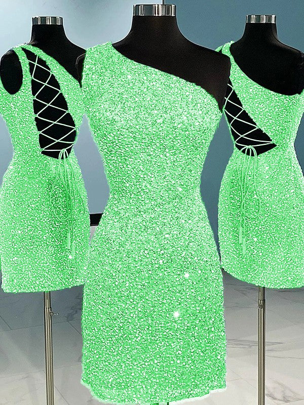 Green Blue 41 Sheath One Shoulder Sleeveless Short Velvet Sequin Prom Dress (AF1018)