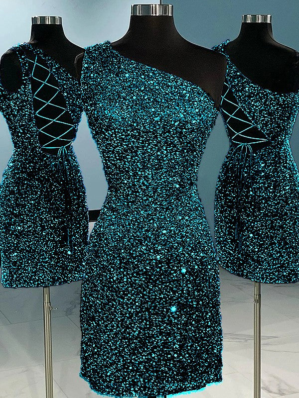 Ink Blue Sheath One Shoulder Sleeveless Short Velvet Sequin Prom Dress (AF1018)