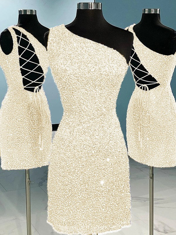 Ivory Sheath One Shoulder Sleeveless Short Velvet Sequin Prom Dress (AF1018)
