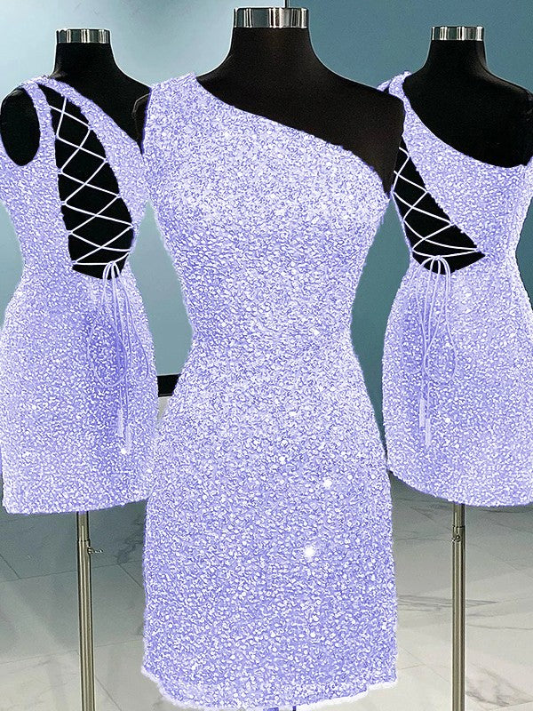 Lavender Sheath One Shoulder Sleeveless Short Velvet Sequin Prom Dress (AF1018)