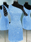 Periwinkle Sheath One Shoulder Sleeveless Short Velvet Sequin Prom Dress (AF1018)