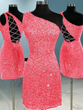 Pink 46 Sheath One Shoulder Sleeveless Short Velvet Sequin Prom Dress (AF1018)