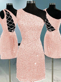 Pink Sheath One Shoulder Sleeveless Short Velvet Sequin Prom Dress (AF1018)