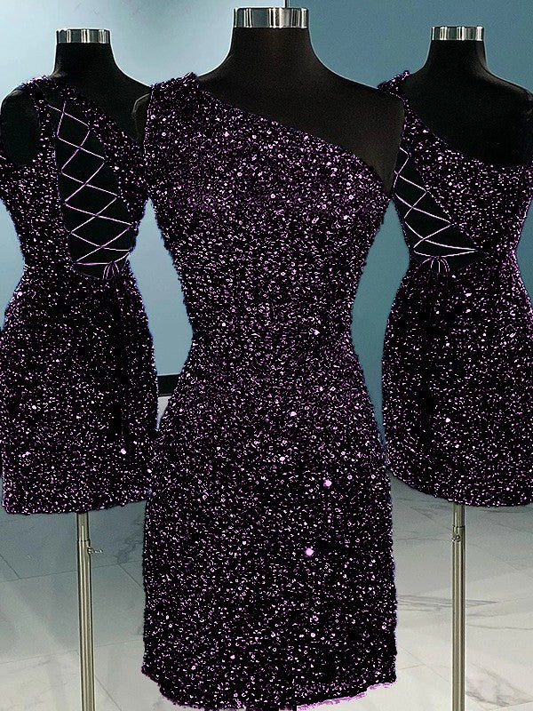 Plum Purple Sheath One Shoulder Sleeveless Short Velvet Sequin Prom Dress (AF1018)