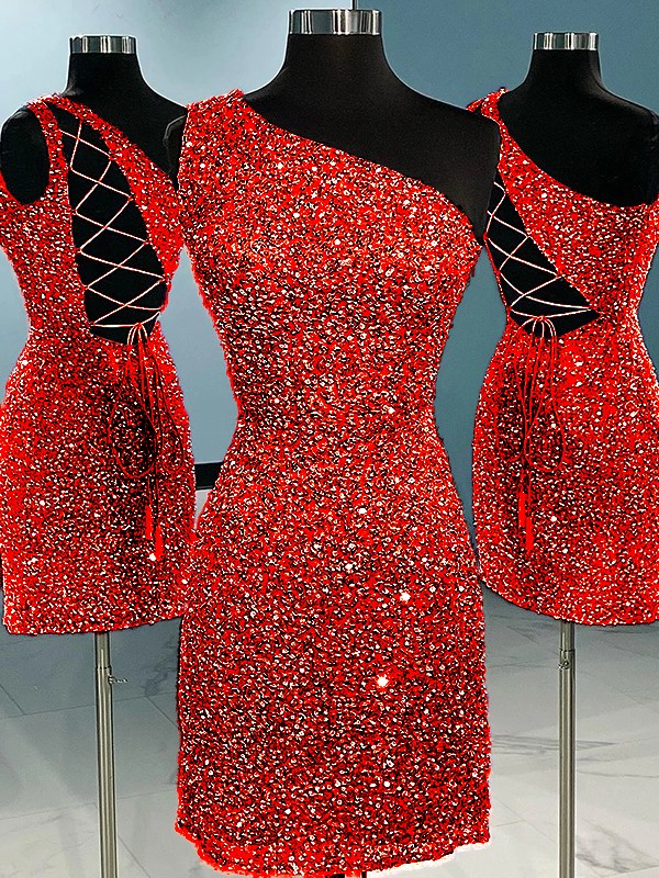 Red Sheath One Shoulder Sleeveless Short Velvet Sequin Prom Dress (AF1018)
