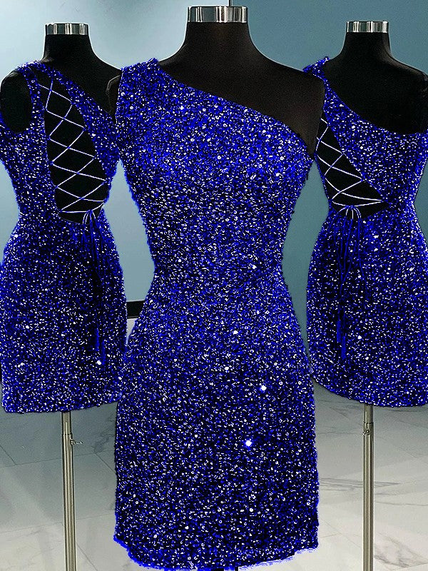 Royal Blue Sheath One Shoulder Sleeveless Short Velvet Sequin Prom Dress (AF1018)
