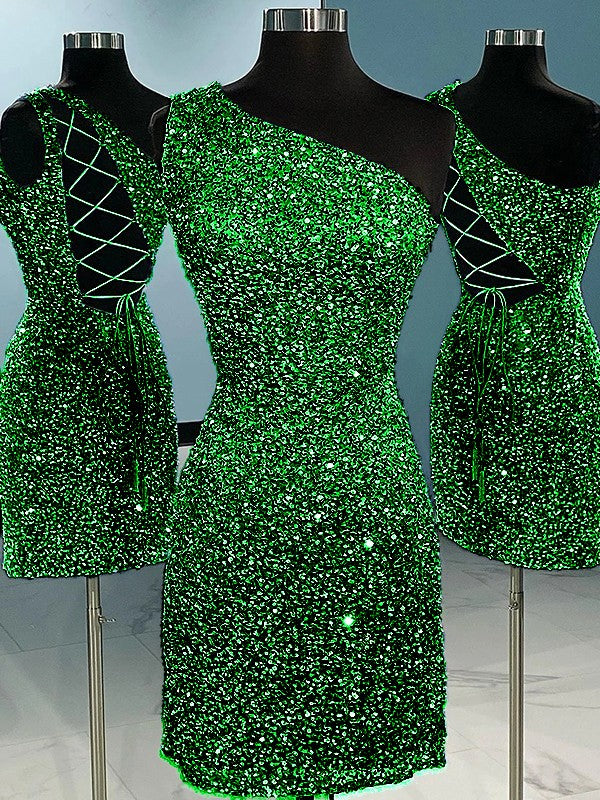 Shamrock Green Sheath One Shoulder Sleeveless Short Velvet Sequin Prom Dress (AF1018)