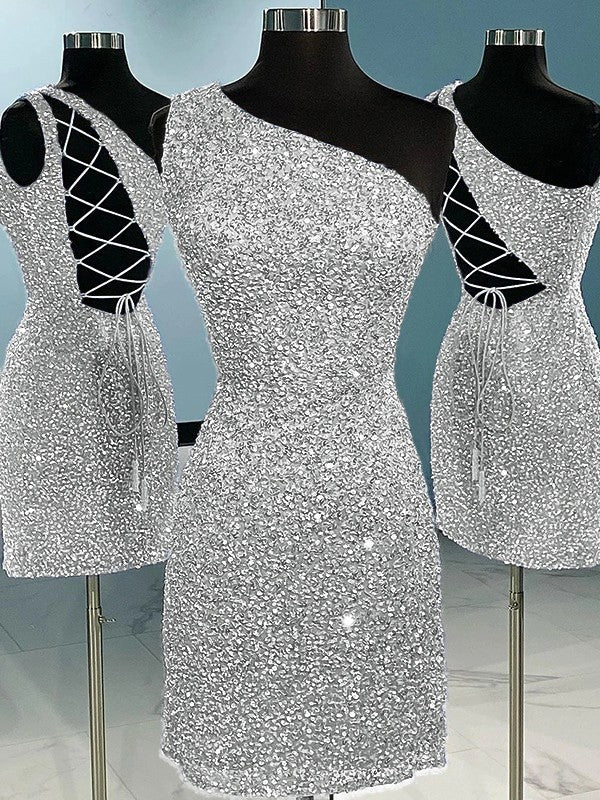 Silver Sheath One Shoulder Sleeveless Short Velvet Sequin Prom Dress (AF1018)