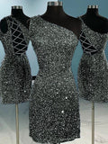 Slate Grey Sheath One Shoulder Sleeveless Short Velvet Sequin Prom Dress (AF1018)