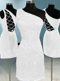 White Sheath One Shoulder Sleeveless Short Velvet Sequin Prom Dress (AF1018)