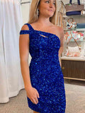 Royal Blue Sheath One Shoulder Sleeveless Short Velvet Sequin Prom Dress (AF1022)