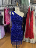 Royal Blue Sheath One Shoulder Sleeveless Short Velvet Sequin Prom Dress (AF1045)