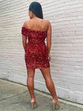 Burgundy Sheath One Shoulder Sleeveless Short Velvet Sequin Prom Dress (AF1047)