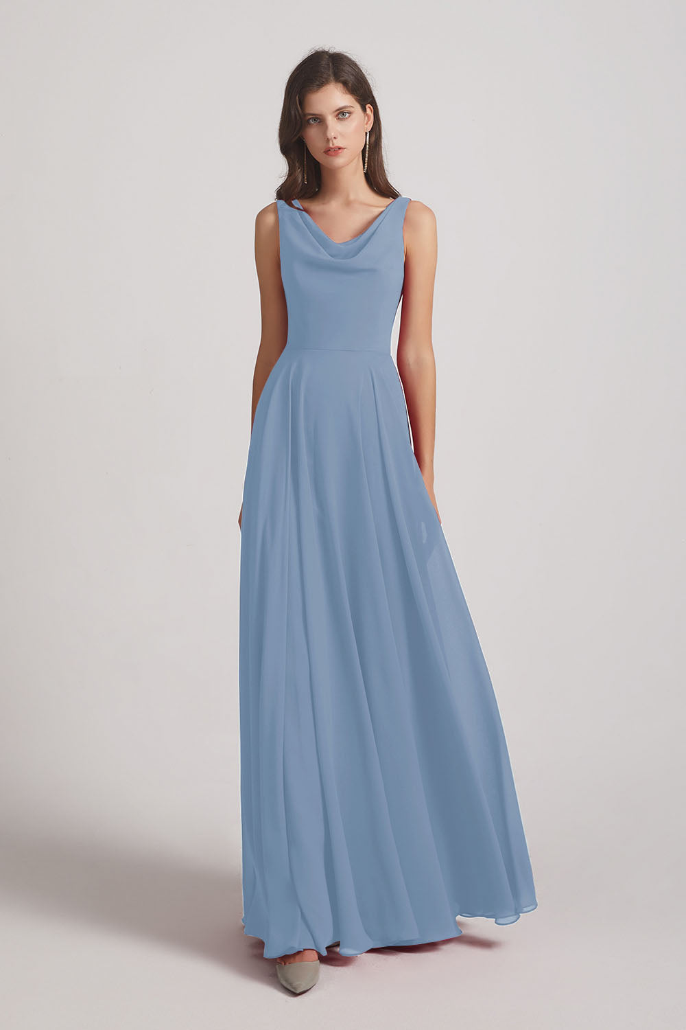 Alfa Bridal Dusty Blue Sleeveless Cowl Chiffon A-line Bridesmaid Dresses (AF0052)
